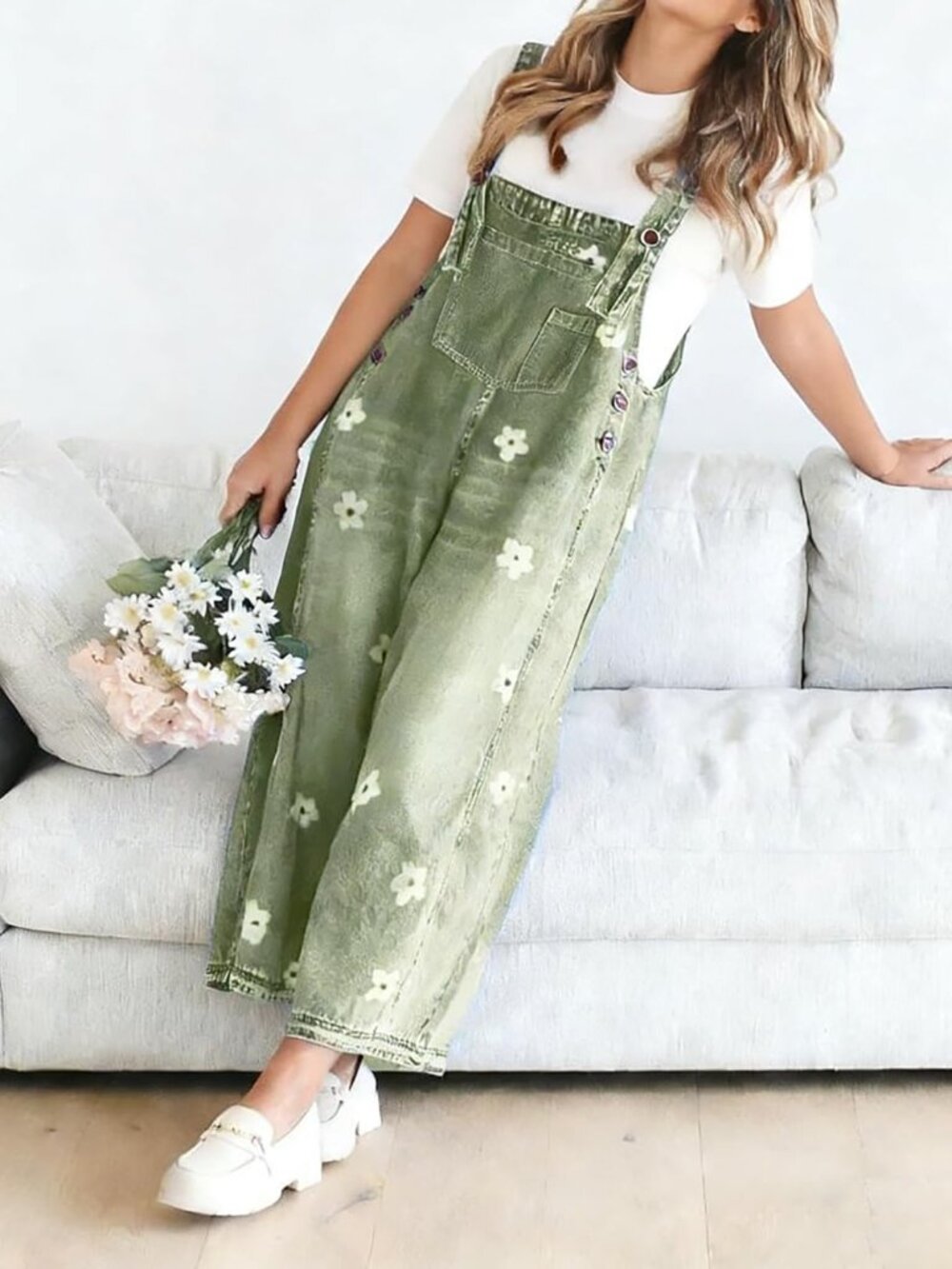 Mint Green Casual Women's Plants Button Loose Fit High Waist Long Denim Overall - Picture 3 of 5